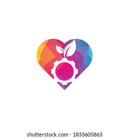 Diseño del logo vectorial de la forma del corazón de la hoja de engranajes. Energía ecológica, tecnología e industria.	