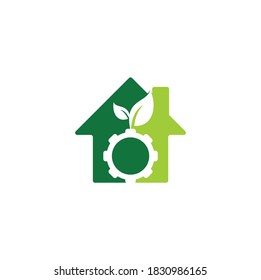 Gear leaf home shape concept vector logo design. Green eco energy, technology and industry.	
