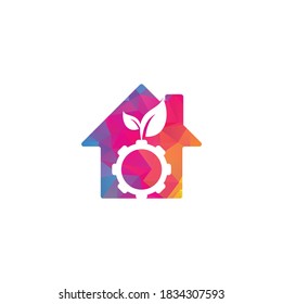 Diseño del logotipo vectorial de la forma del hogar de la hoja de engranajes. Energía ecológica, tecnología e industria.	