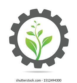 gear and leaf logo combination. Mechanic and eco symbol or icon