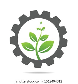 gear and leaf logo combination. Mechanic and eco symbol or icon