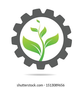 gear and leaf logo combination. Mechanic and eco symbol or icon