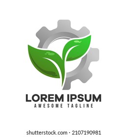Logo de la hoja de engranajes. El logotipo moderno de la rueda cognoscitiva y la hoja es adecuado para los temas ecológicos, la ecoenergía verde, la tecnología y la industria. Ilustración vectorial en estilo colorido