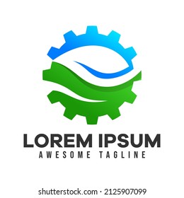 Gear leaf logo. The modern cogwheel and leaf logo are suitable for ecology themes, green eco-energy, technology, and industry. Vector illustration in colorful style