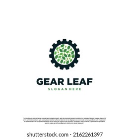 gear leaf logo, nature gear logo, gear combine with leaf logo concept
