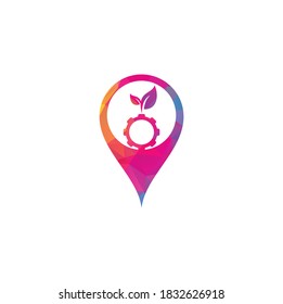 Gear leaf map pin shape concept vector logo design. Green eco energy, technology and industry.