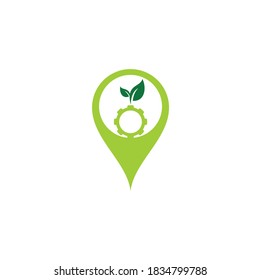 Gear leaf map pin shape concept vector logo design. Green eco energy, technology and industry.