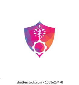 Gear leaf shield shape concept vector logo design. Green eco energy, technology and industry.	