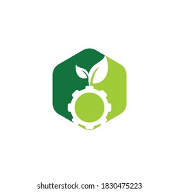 Diseño del logotipo vectorial de la hoja de engranajes. Energía ecológica, tecnología e industria.