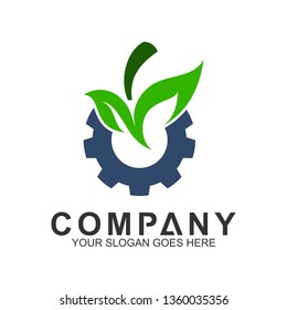 gear with leaf vector logo, industrial icon, environmentally friendly symbol