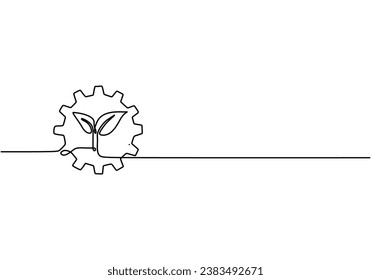 Gear with leaves one line drawing. Vector illustration isolated. Minimalist design handdrawn.