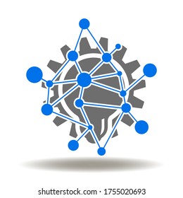 Vector de iconos de red de la lámpara de la luz de los engranajes. Logo de Innovation Technology. Símbolo de inspiración de ideas. Signo de ciencia educativa. Ilustración De La Lámpara Led Inteligente.