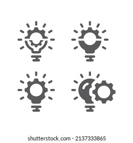 Gear and lightbulb black vector icon set. Cogwheel, light bulb, idea and solutuon filled icons.