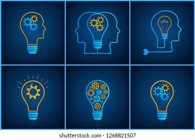 Gear lightbulb creative teamwork concept set vector illustration. Orange bulb silhouette with blue cogwheel inside innovation ideas graphic collection. technology background creative business concept
