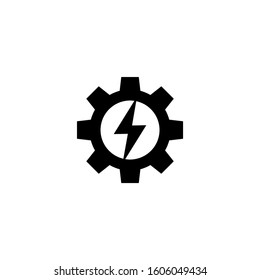 Gear with lightning in black flat design on white background, web icon design Power energy sign, Vector illustration