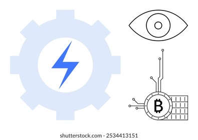 Engrenagem com um raio, olho e um símbolo Bitcoin com linhas de circuito. Ideal para inovação, tecnologia, criptomoedas, energia e temas de futurismo. Estilo de arte de linha simples