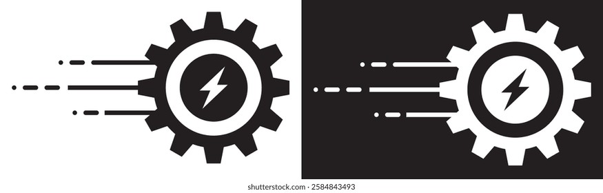 Gear with lightning bolt icon in black and white contrast