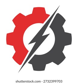 Gear and lightning bolt icon in red and gray colors icon