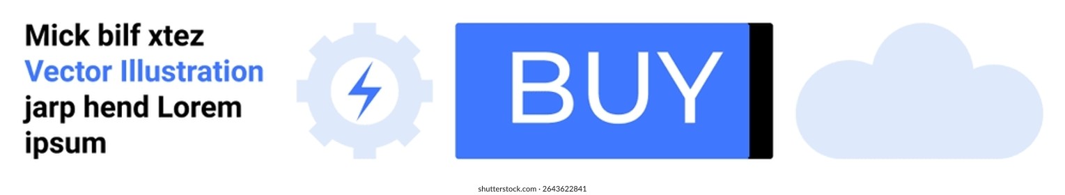 Gear with lightning bolt, large BUY button in blue, and cloud icon. Ideal for e-commerce, technology, software, user interface, cloud services, online transactions, call to action. Landing page