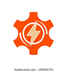 Gear and lightning bolt logo. Concept of electric energy. Flat style. Isolated on white background. 