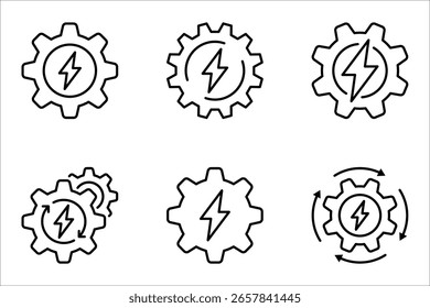 Engranaje con el icono de la línea del relámpago fijado. Tecnología de generación de energía eléctrica. Ilustración vectorial sobre fondo blanco