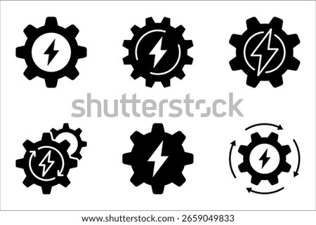 Gear with lightning line icon set. Electric power generation technology. vector illustration on white background