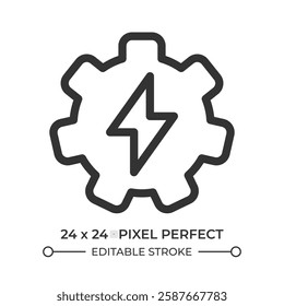 Gear with lightning line ui icon. Electric power generation technology. Clean energy production setting. Isolated vector outline symbol. Webdesign user interface element linear, pixel perfect