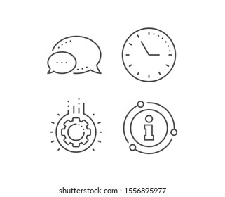Gear line icon. Chat bubble, info sign elements. Teamwork cogwheel sign. Working process symbol. Linear gear outline icon. Information bubble. Vector