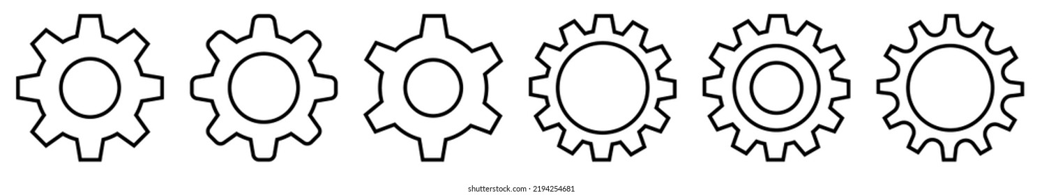Juego de iconos de la línea de engranajes. Colección de ruedas de cog. Ilustración del vector
