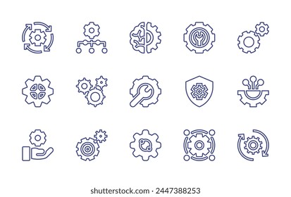 Gear line icon set. Editable stroke. Vector illustration. Containing settings, recovery, gear, technology, exchange, shield, setting, hierarchy, technical support.