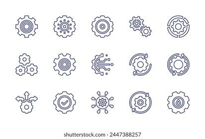 Icono de línea de engranaje. Trazo editable. Ilustración vectorial. Conteniendo equipo, ajuste, Configuraciones, engranajes, transformación digital, soluciones, toma de decisiones, mantenimiento, progreso.