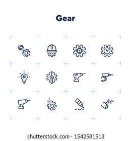 Gear line icon set. Set of line icons on white background. Gear, drill, hand, tool. Equipment concept. Vector illustration can be used for topics like construction, repair, engineering