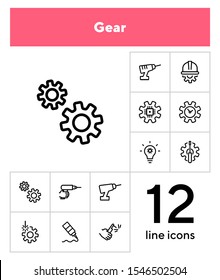 Gear line icon set. Set of line icons on white background. Gear, drill, hand, tool. Equipment concept. Vector illustration can be used for topics like construction, repair, engineering