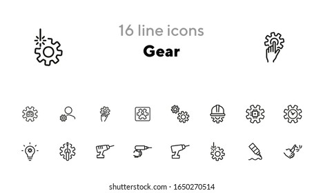 Gear line icon set. Set of line icons on white background. Gear, drill, hand, tool. Equipment concept. Vector illustration can be used for topics like construction, repair, engineering