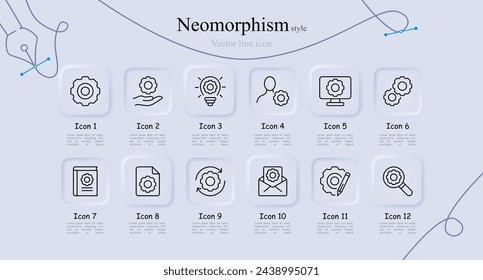 Gear line icon set. Light bulb, book, magnifying glass, mail, file, options, idea, setting, mechanism, program. Neomorphism style. Vector line icon for Business