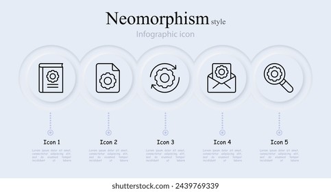 Getriebelinie-Symbol gesetzt. Glühbirne, Buch, Lupe, Mail, Datei, Optionen, Idee, Einstellung, Mechanismus, Programm. In: Neomorphism Style. Vektorliniensymbol für Unternehmen