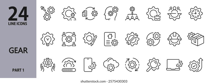 Gear line icons set with Settings, Repair, Setup, Gearwheel, Spanner, Machinery, Mechanism, Smartphone, Tool, Process and more. Editable Stroke