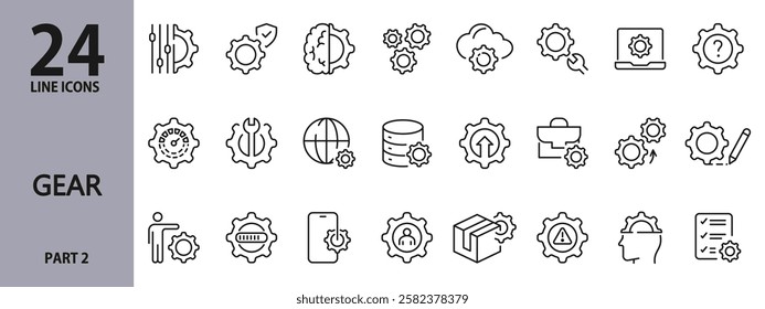 Gear line icons set with Settings, Repair, Setup, Gearwheel, Spanner, Machinery, Mechanism, Smartphone, Tool, Process and more. Editable Stroke