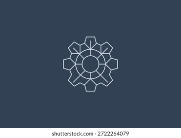 Um logotipo estilo de linha de engrenagem com contornos mecânicos precisos, representando a indústria, engenharia, confiabilidade, eficiência e inovação técnica