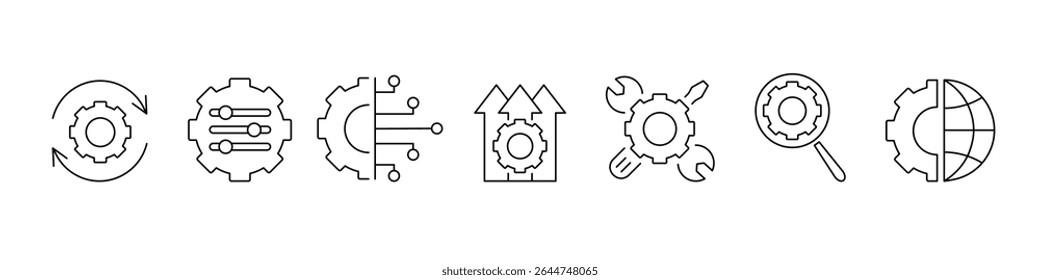 Conjunto de iconos lineales de engranajes. Configuraciones para el desarrollo de App móviles, interfaces de herramientas de software y paneles de optimización. Herramientas de configuración y automatización del sistema. Ilustración vectorial	