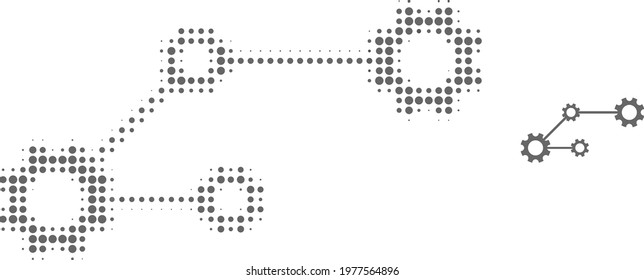 Gear links halftone dot icon illustration. Halftone array contains circle dots. Vector illustration of gear links icon on a white background. Flat abstraction for gear links symbol.