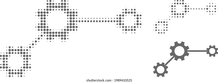 Gear links halftone dotted icon. Halftone array contains circle dots. Vector illustration of gear links icon on a white background.