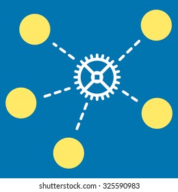 Gear Links vector icon. Style is bicolor flat symbol, yellow and white colors, rounded angles, blue background.