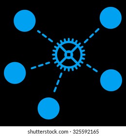Gear Links vector icon. Style is flat symbol, blue color, rounded angles, black background.