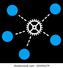 Gear Links vector icon. Style is bicolor flat symbol, blue and white colors, rounded angles, black background.