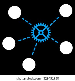 Gear Links vector icon. Style is bicolor flat symbol, blue and white colors, rounded angles, black background.