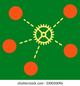 Gear Links vector icon. Style is bicolor flat symbol, orange and yellow colors, rounded angles, green background.