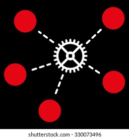 Gear Links vector icon. Style is bicolor flat symbol, red and white colors, rounded angles, black background.