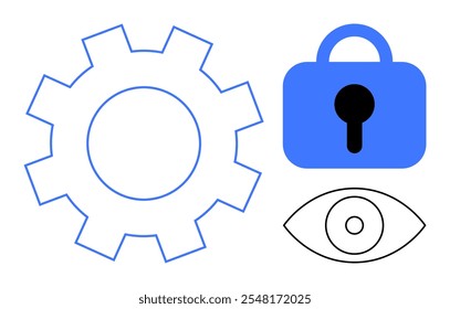 Gear, lock, and eye symbols within a simple design. Ideal for concepts of settings, security, visibility, privacy protection, and user interface. Minimalist and modern style