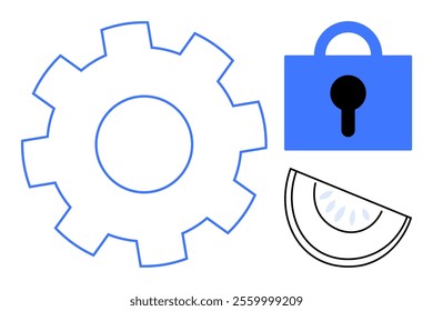 Gear, lock, and semi-circle diagram with blue tones. Ideal for technology, engineering, security, mechanics, and data protection. Simple vector style emphasizing key themes